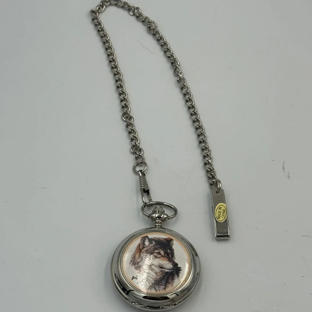 Westminster Wolf Pocket Watch Silver Tone Hunter Case Wildlife Graphic & Chain